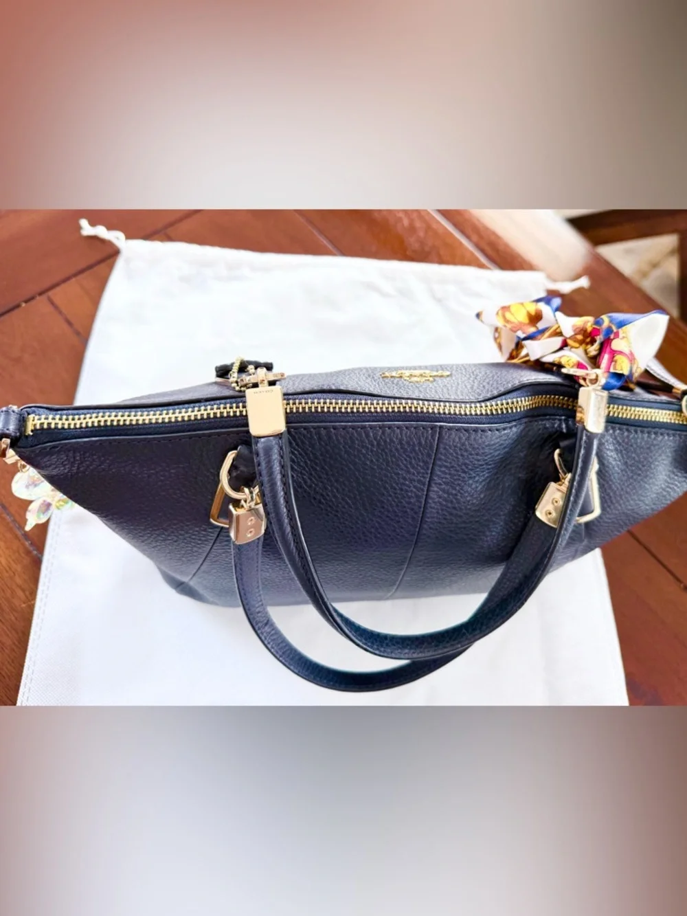 Coach Black Pebbled Leather Satchel with Gold Hardware and Decorative Scarf